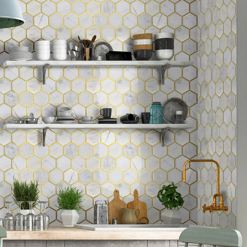 Discount 👍 Tile Generation 3" Honeycomb Hexagon White And Gold Metal Stainless Steel Polished Marble Tile 🌟 - Image 9