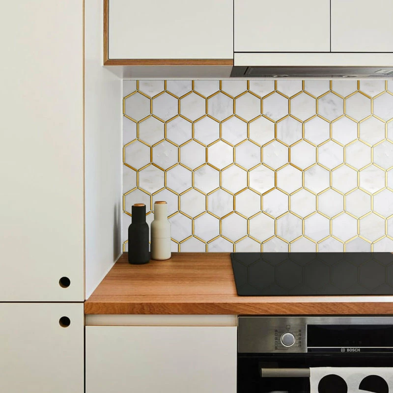 Discount 👍 Tile Generation 3" Honeycomb Hexagon White And Gold Metal Stainless Steel Polished Marble Tile 🌟 - Image 11