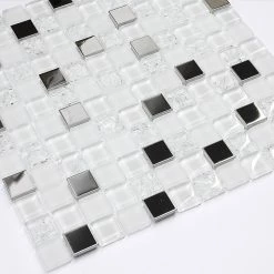 Cheapest 😀 Modern White Glass Metal Mosaic Backsplash Tile, 12"x12" 🌟