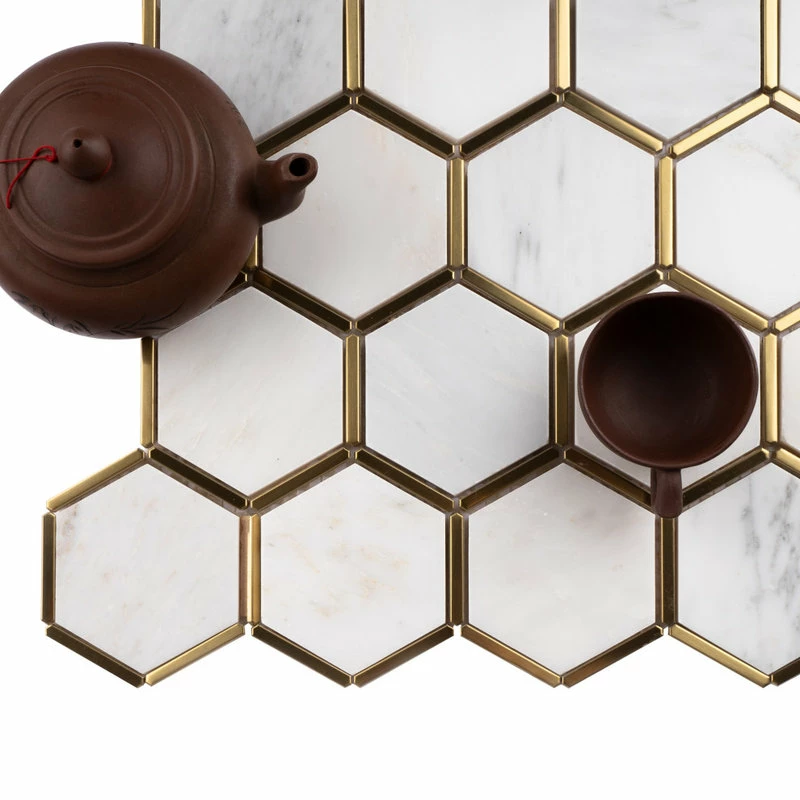 Discount 👍 Tile Generation 3" Honeycomb Hexagon White And Gold Metal Stainless Steel Polished Marble Tile 🌟 - Image 5