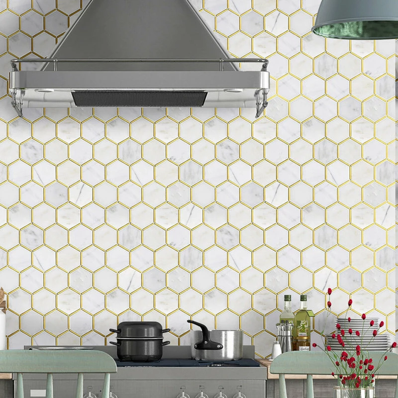 Discount 👍 Tile Generation 3" Honeycomb Hexagon White And Gold Metal Stainless Steel Polished Marble Tile 🌟 - Image 8