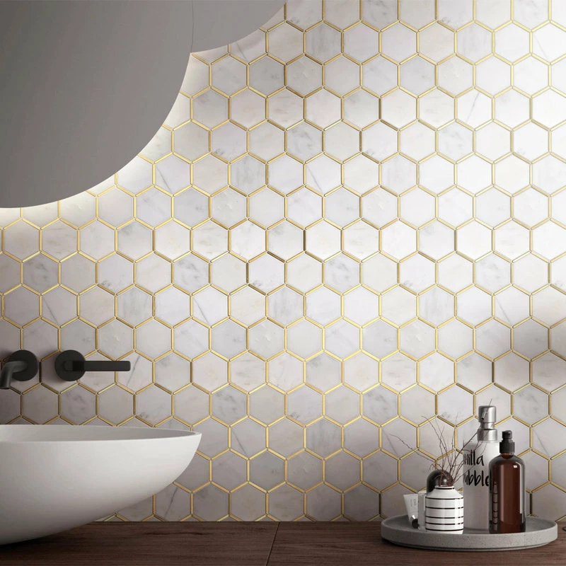Discount 👍 Tile Generation 3" Honeycomb Hexagon White And Gold Metal Stainless Steel Polished Marble Tile 🌟 - Image 7