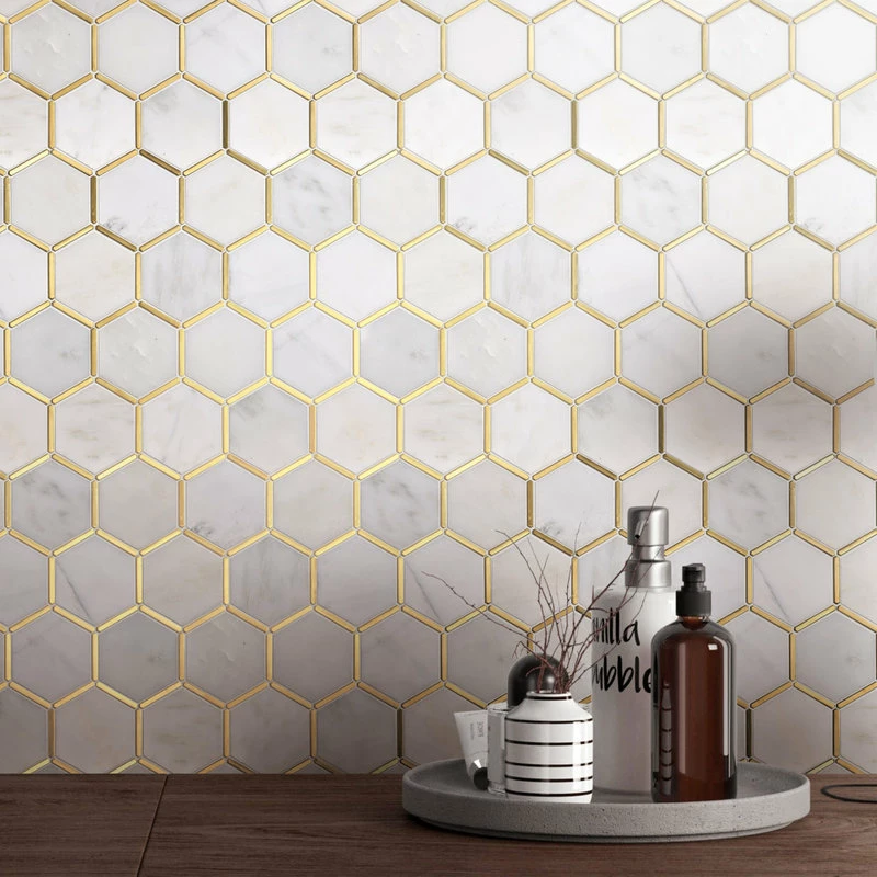Discount 👍 Tile Generation 3" Honeycomb Hexagon White And Gold Metal Stainless Steel Polished Marble Tile 🌟 - Image 6