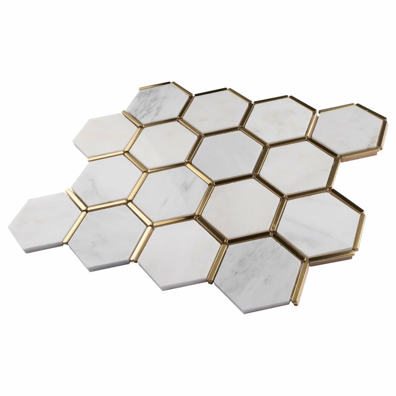 Discount 👍 Tile Generation 3" Honeycomb Hexagon White And Gold Metal Stainless Steel Polished Marble Tile 🌟 - Image 2