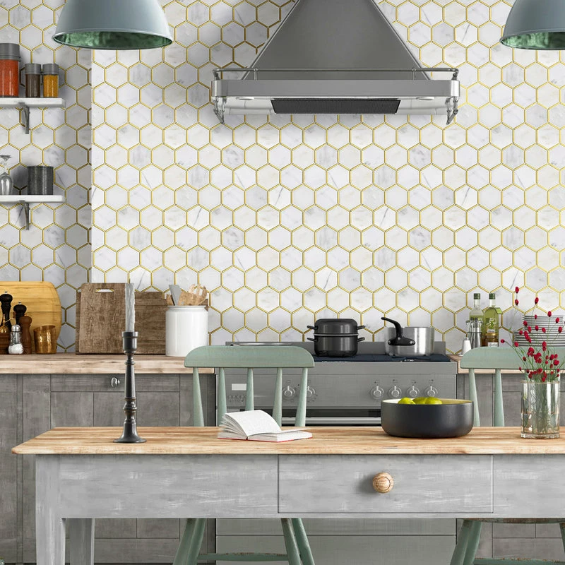 Discount 👍 Tile Generation 3" Honeycomb Hexagon White And Gold Metal Stainless Steel Polished Marble Tile 🌟 - Image 10