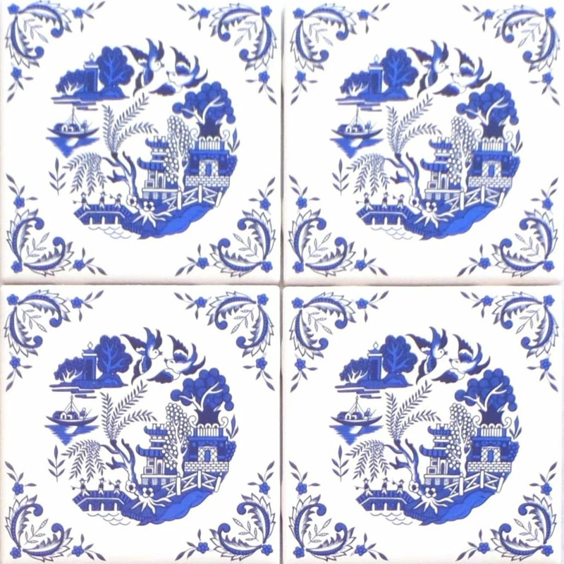 Hot Sale โ Mottles Murals Ceramic Tiles 4 Set Blue Willow Ceramic 4.25" Accent Tile Kiln Fired Decor Decorative Corners ๐