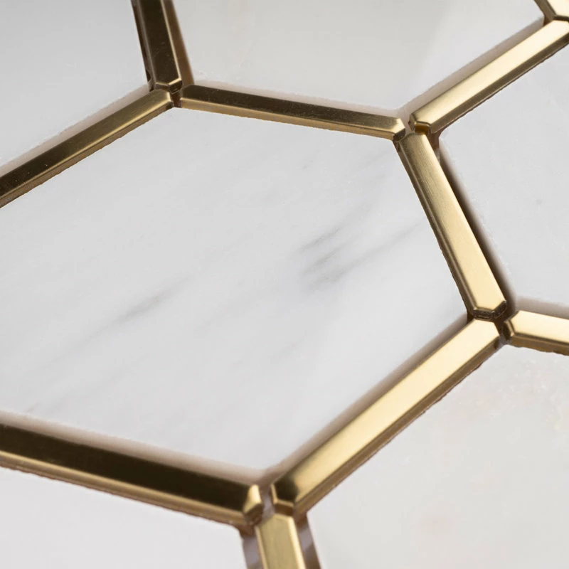 Discount 👍 Tile Generation 3" Honeycomb Hexagon White And Gold Metal Stainless Steel Polished Marble Tile 🌟 - Image 4
