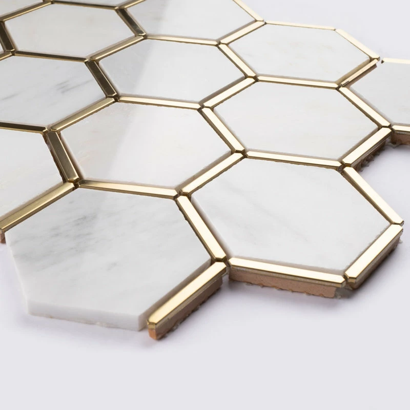 Discount 👍 Tile Generation 3" Honeycomb Hexagon White And Gold Metal Stainless Steel Polished Marble Tile 🌟 - Image 3