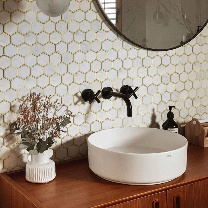 Discount 👍 Tile Generation 3" Honeycomb Hexagon White And Gold Metal Stainless Steel Polished Marble Tile 🌟 - Image 15