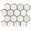 Discount 👍 Tile Generation 3" Honeycomb Hexagon White And Gold Metal Stainless Steel Polished Marble Tile 🌟