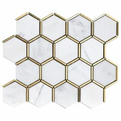 Discount 👍 Tile Generation 3" Honeycomb Hexagon White And Gold Metal Stainless Steel Polished Marble Tile 🌟
