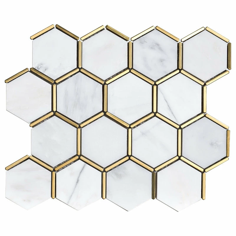 Discount 👍 Tile Generation 3" Honeycomb Hexagon White And Gold Metal Stainless Steel Polished Marble Tile 🌟