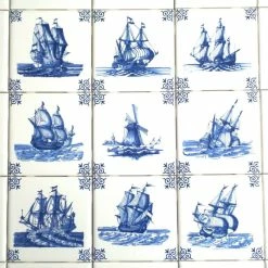 Discount 🎉 Mottles Nine Assorted Ship Blue Delft Design Ceramic Tile Blue 4.25" X 4.25 Set Of 9 ⌛