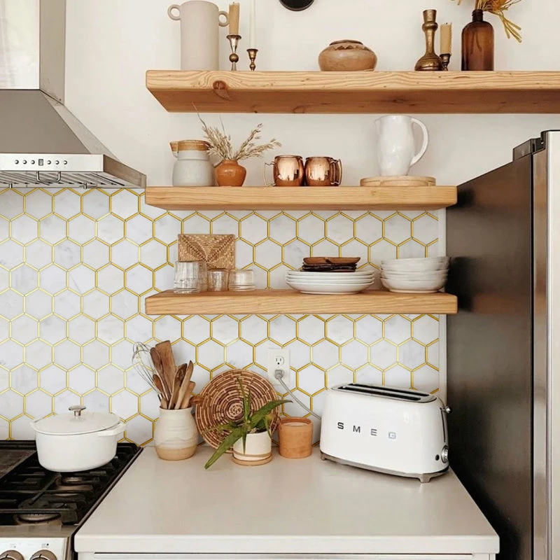 Discount 👍 Tile Generation 3" Honeycomb Hexagon White And Gold Metal Stainless Steel Polished Marble Tile 🌟 - Image 13