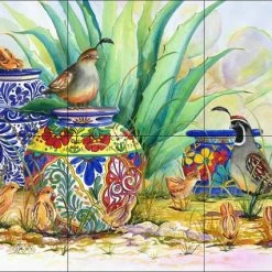 Deals 👏 Artwork On Tile Ceramic Tile Mural Backsplash, Quail And Pots By Susan Libby, 18"x12" 🔥
