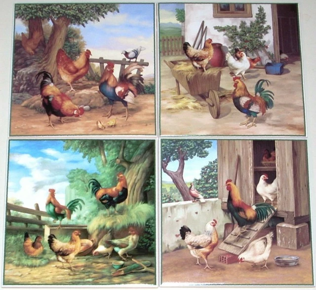 Coupon ๐ Mottles Murals Ceramic Tiles Rooster Ceramic Tile Chicken Scenes, 4-Piece Set ๐งจ