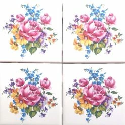 Best deal 🥰 Mottles Murals Ceramic Tiles Pink Rose With Blue Kiln Fired Ceramic Tile American Olean, Set Of 4 👍
