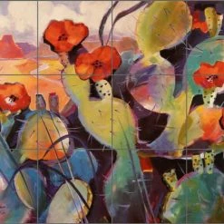 Buy 🧨 Artwork On Tile Ceramic Tile Mural Backsplash "Cactus Mesa" By Warren Cullar, 24"x18" 🤩