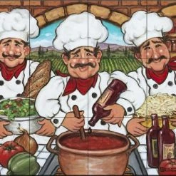 Outlet 🥰 Tile Mural Store Tile Mural Kitchen Backsplash - Three Happy Chefs -JK - By Janet Kruskamp 🔔