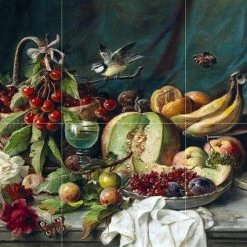 Promo 🥰 FlekmanArt Tile Mural Hub Tile Mural Still Life Fruit Melon Oranges And Flowers Butterflies, Ceramic Matte 🛒
