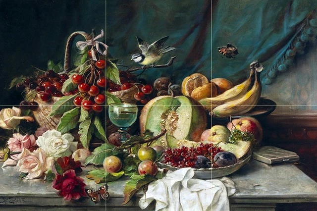 Promo 🥰 FlekmanArt Tile Mural Hub Tile Mural Still Life Fruit Melon Oranges And Flowers Butterflies, Ceramic Matte 🛒